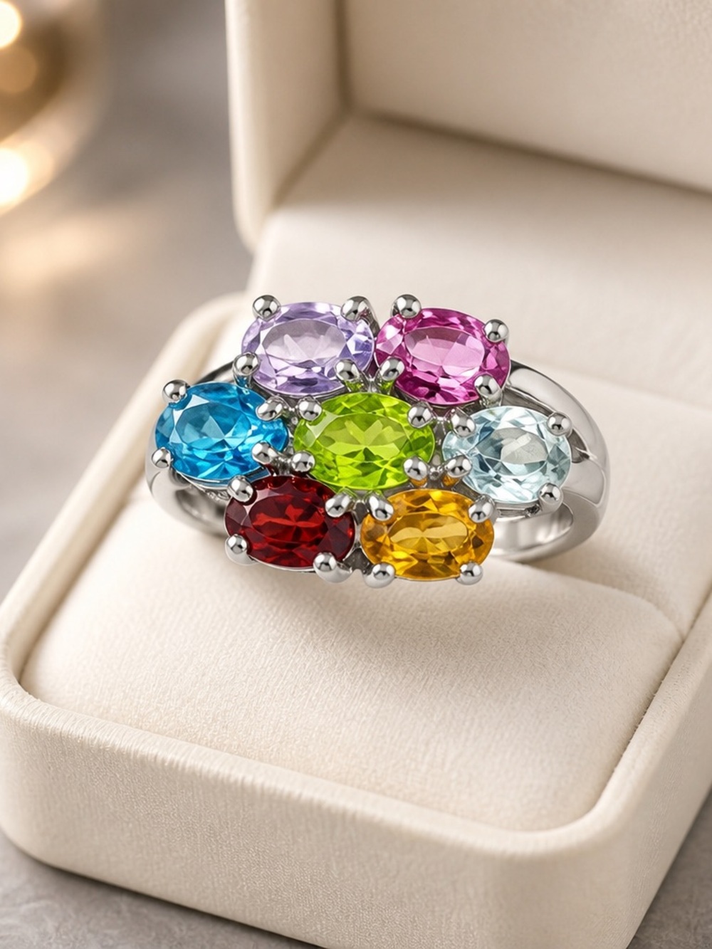 Multi-Gemstone Sterling Silver Stackable Ring - Colorful Oval Gem Stones